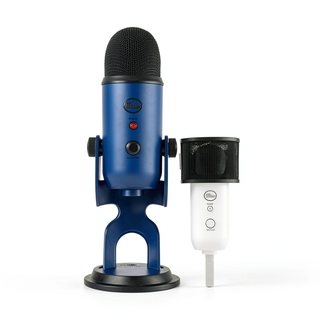 Blue Yeti USB microphone setup on a desk with headphones