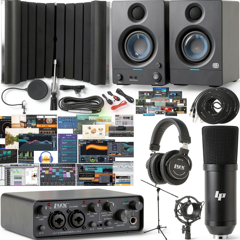 LyxJam Studio Bundle setup on a desk with microphone and monitors