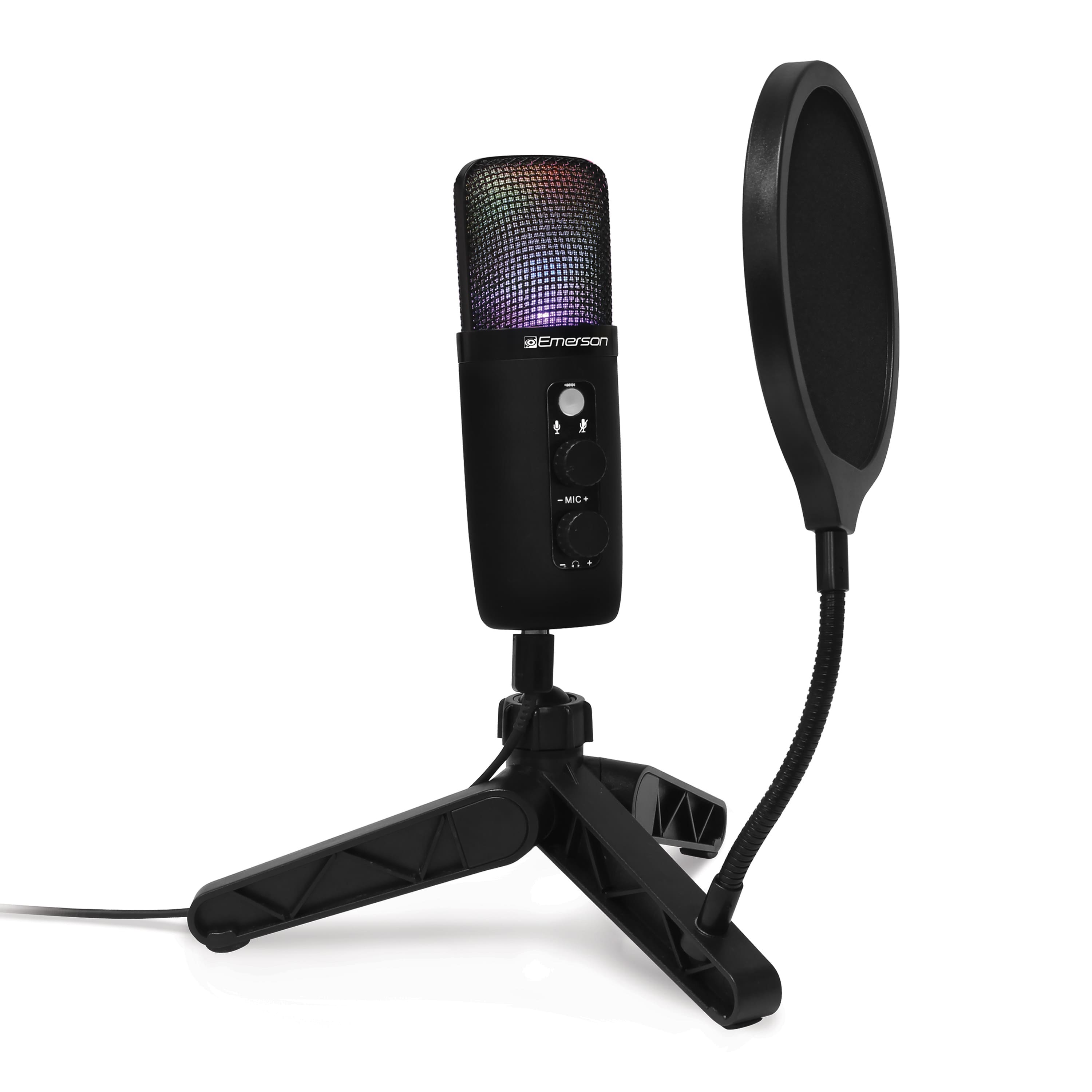 Emerson EAM-9052 microphone with LED lighting on a streaming desk