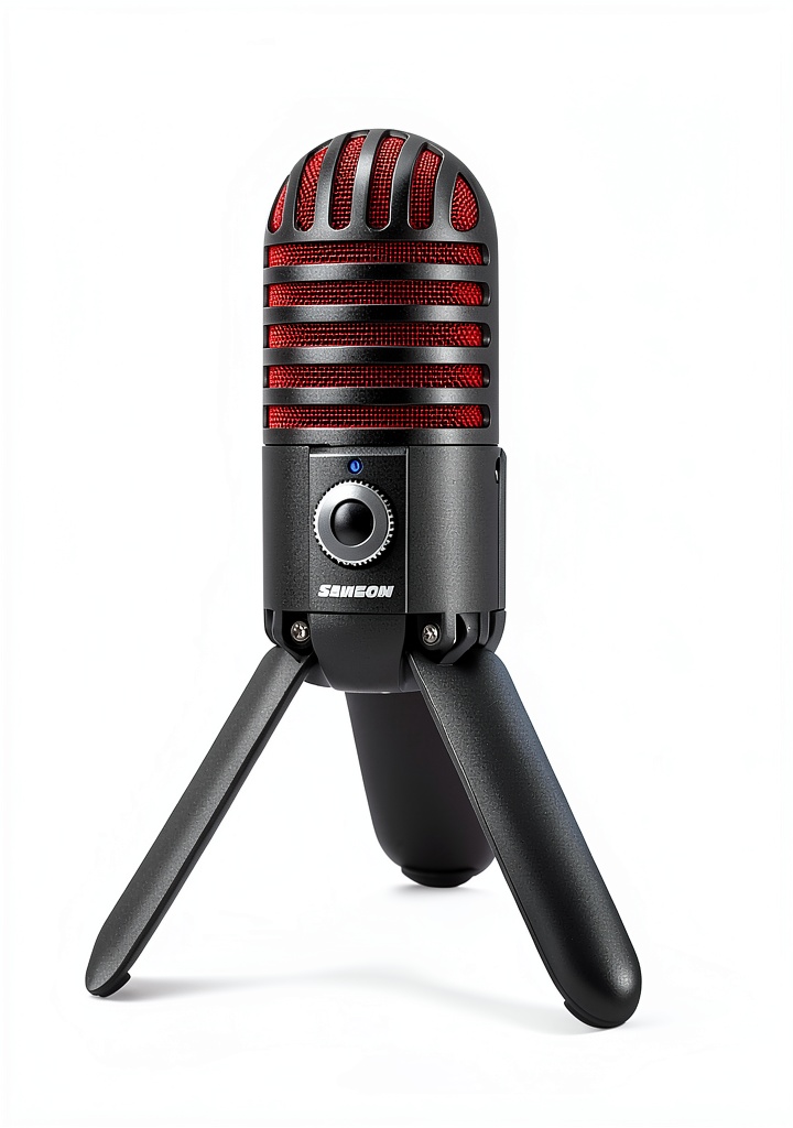 Samson Meteor Mic on a desktop with laptop and headphones