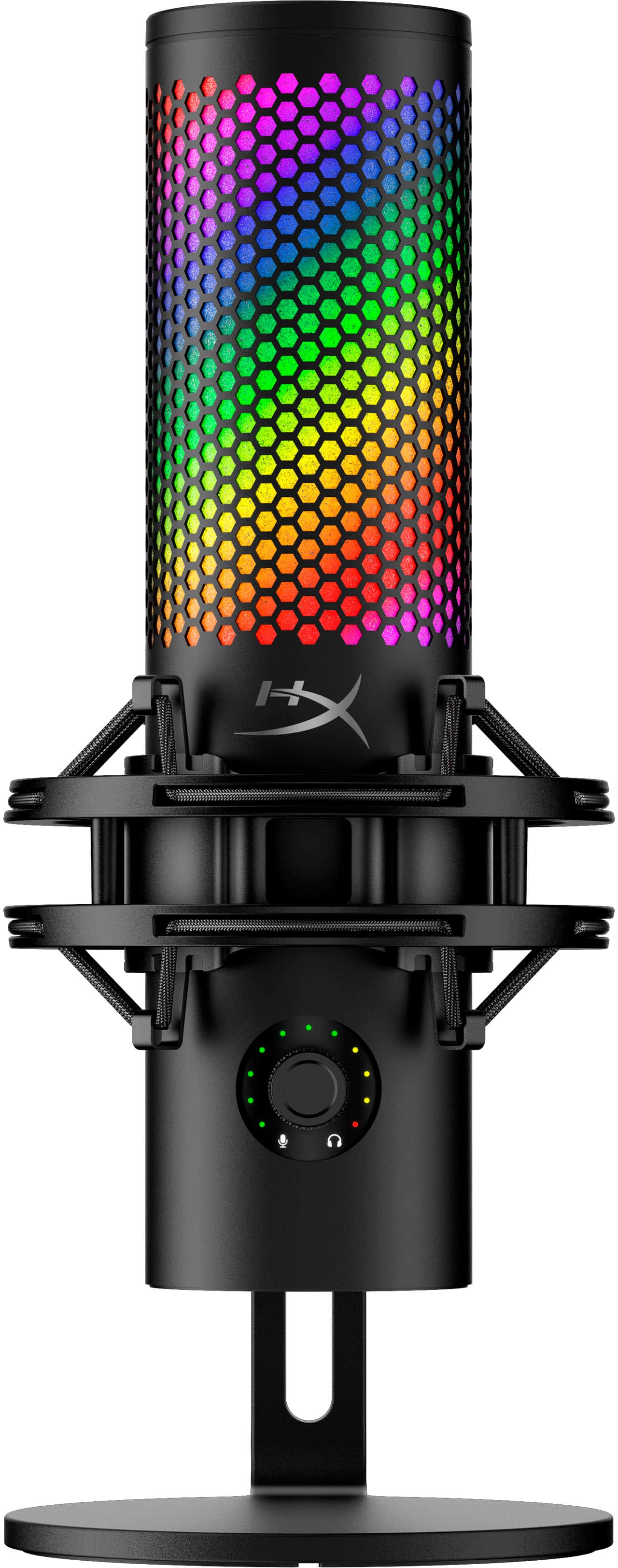 HyperX QuadCast 2 S microphone with RGB lighting on a desk setup