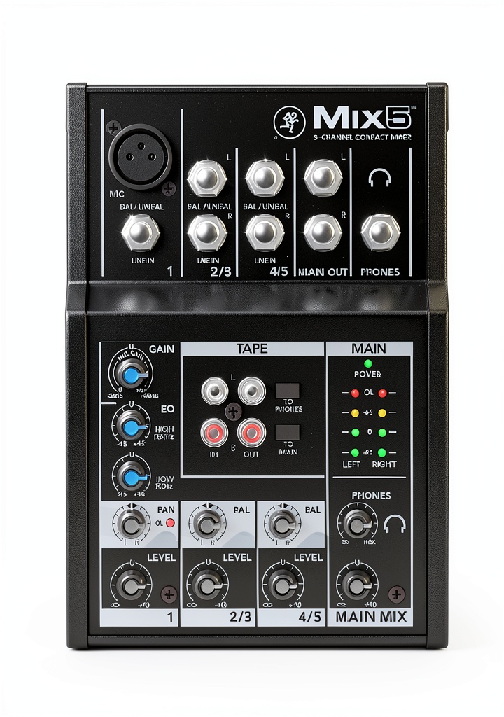 Mackie Mix5 compact mixer on a studio desk with connected microphones and cables