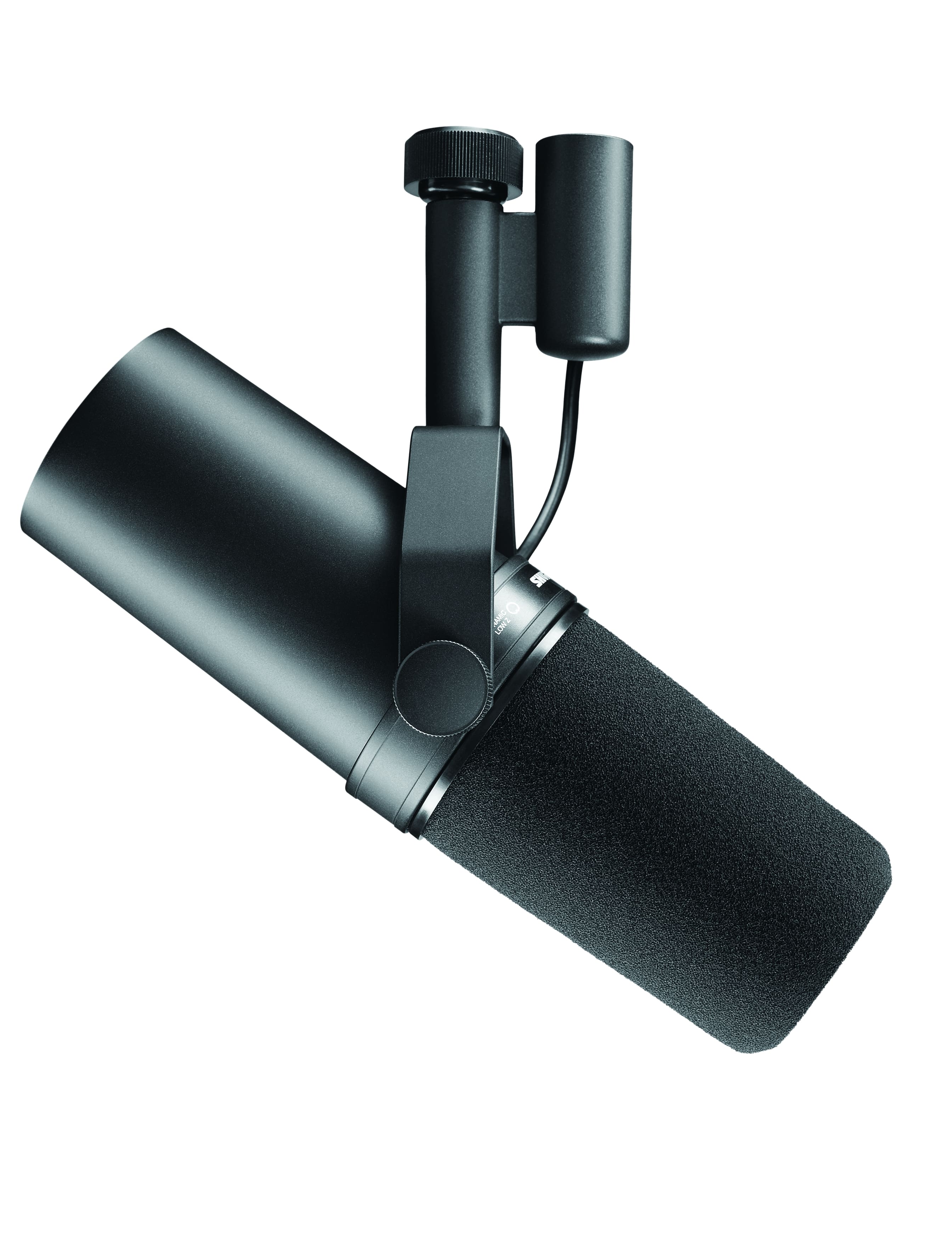 Shure SM7B microphone on a studio stand with pop filter