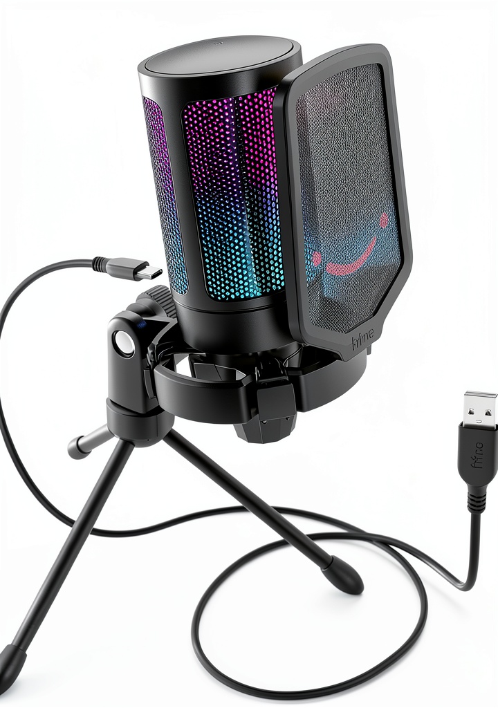 FIFINE A6V USB microphone with RGB lighting on a desk setup