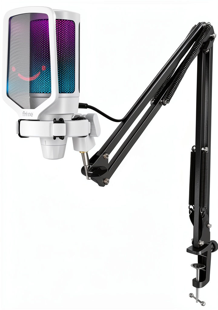 FIFINE A6TW microphone in white with RGB lighting on a desk setup