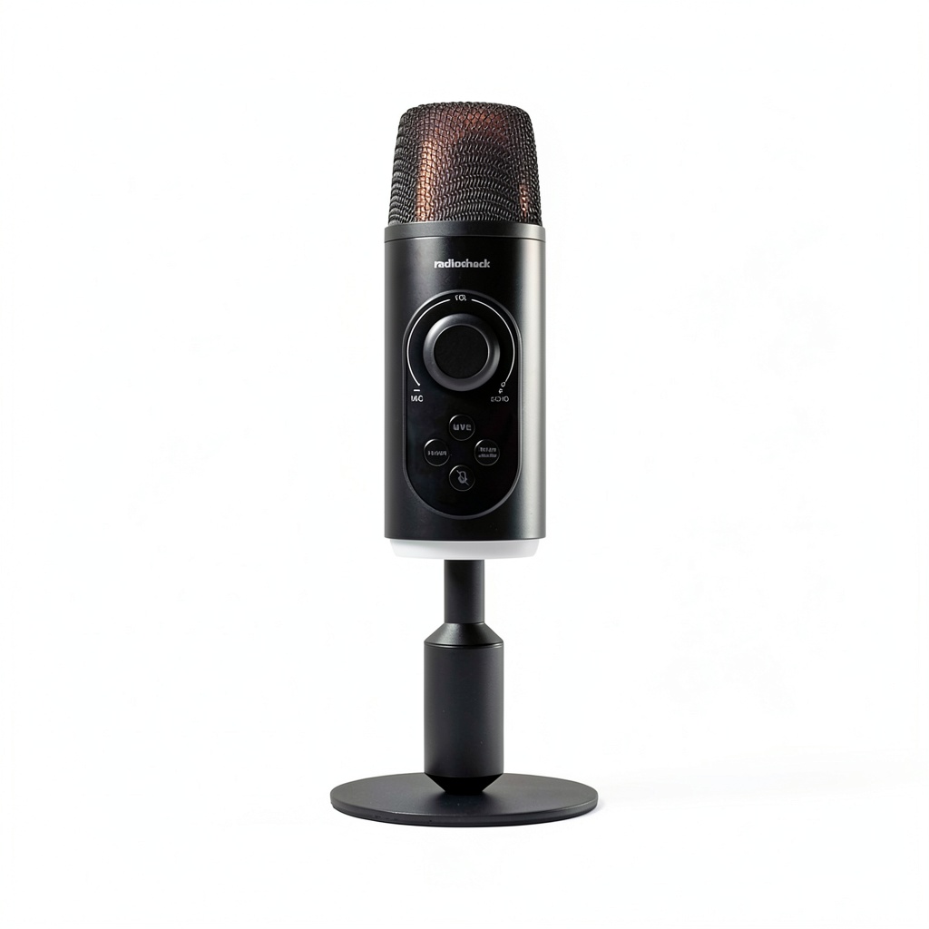 'Streamer microphone with RGB lighting on a desk setup'