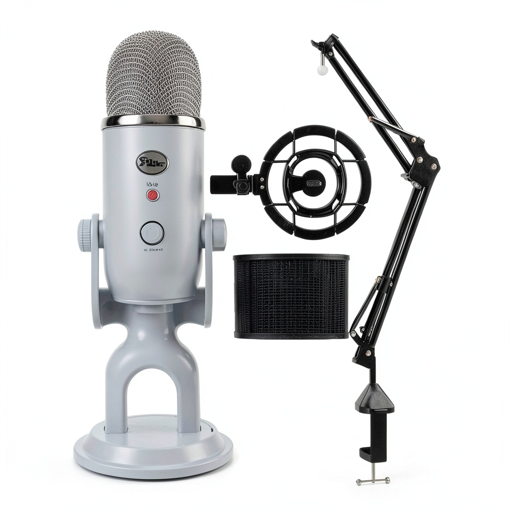 Blue Yeti USB microphone with Tri-Capsule array on a studio desk
