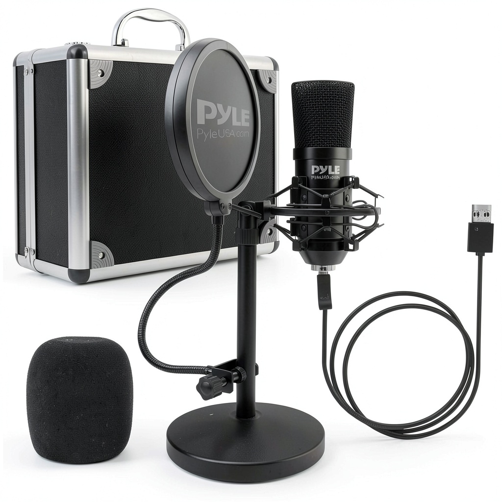 Pyle USB microphone setup on a desk with pop filter and stand