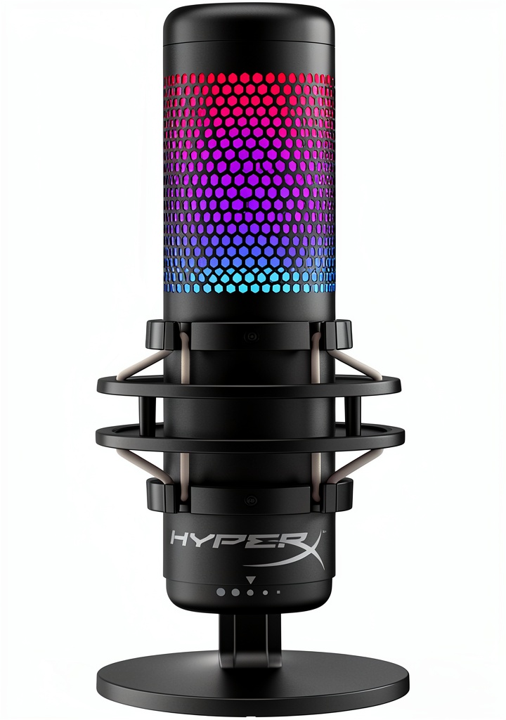 HyperX QuadCast S microphone with RGB lighting on a streaming desk