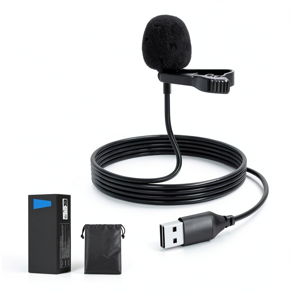 Neewer USB Lapel Microphone connected to a laptop for recording