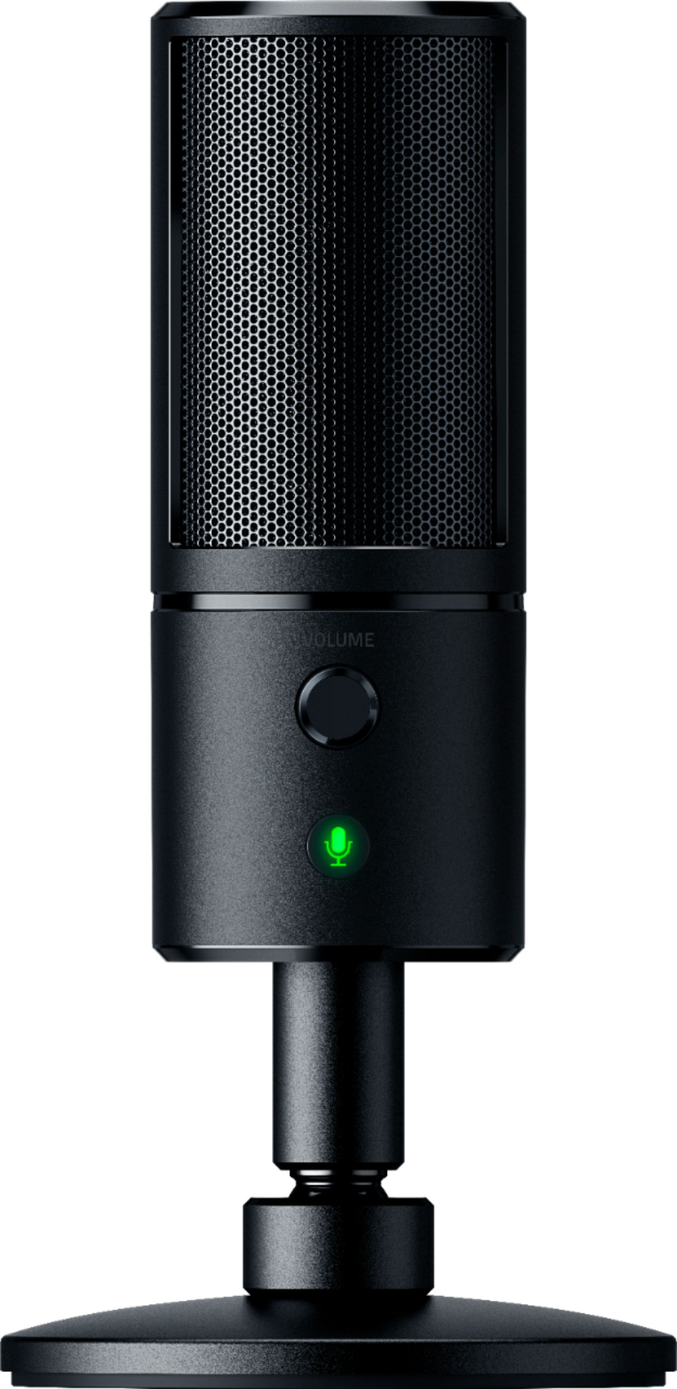 Razer Seiren X microphone on a desk with streaming setup