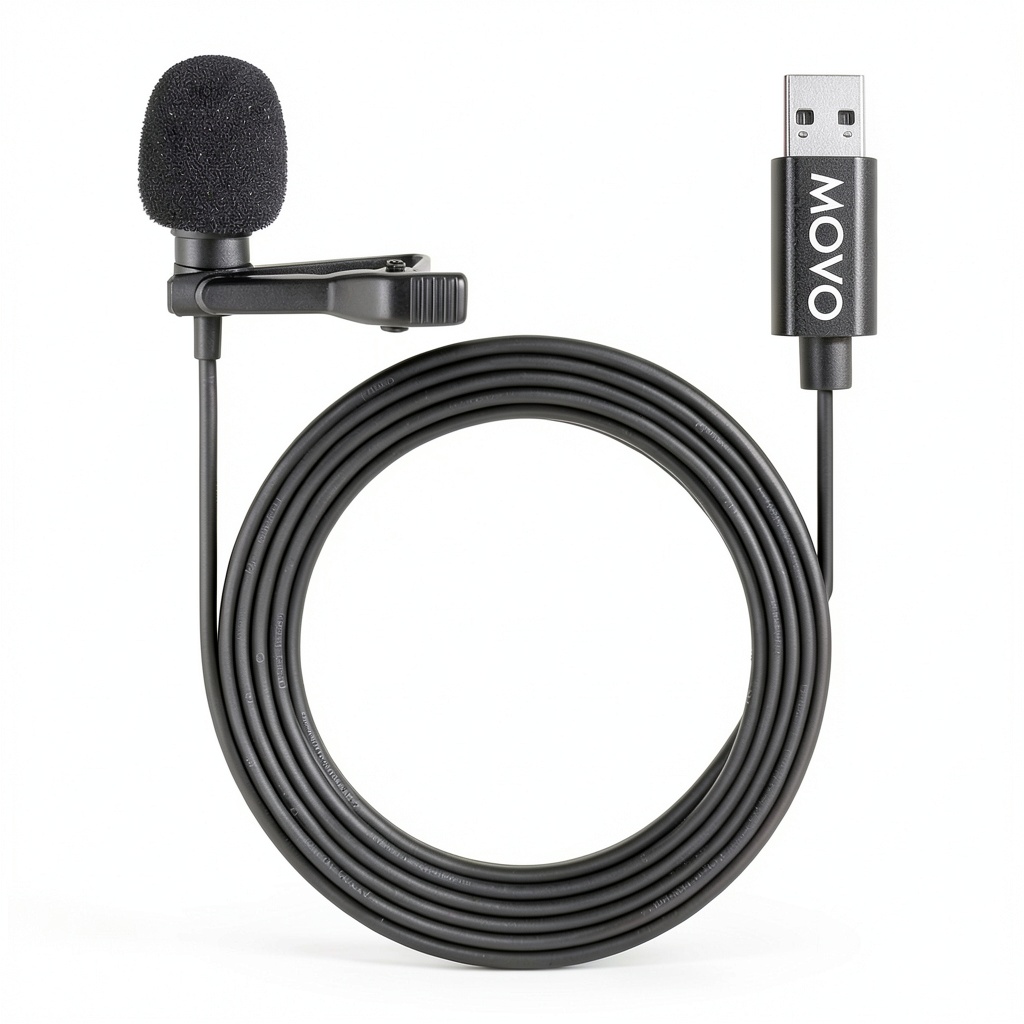 Movo USB-M1 microphone setup on a desk with laptop