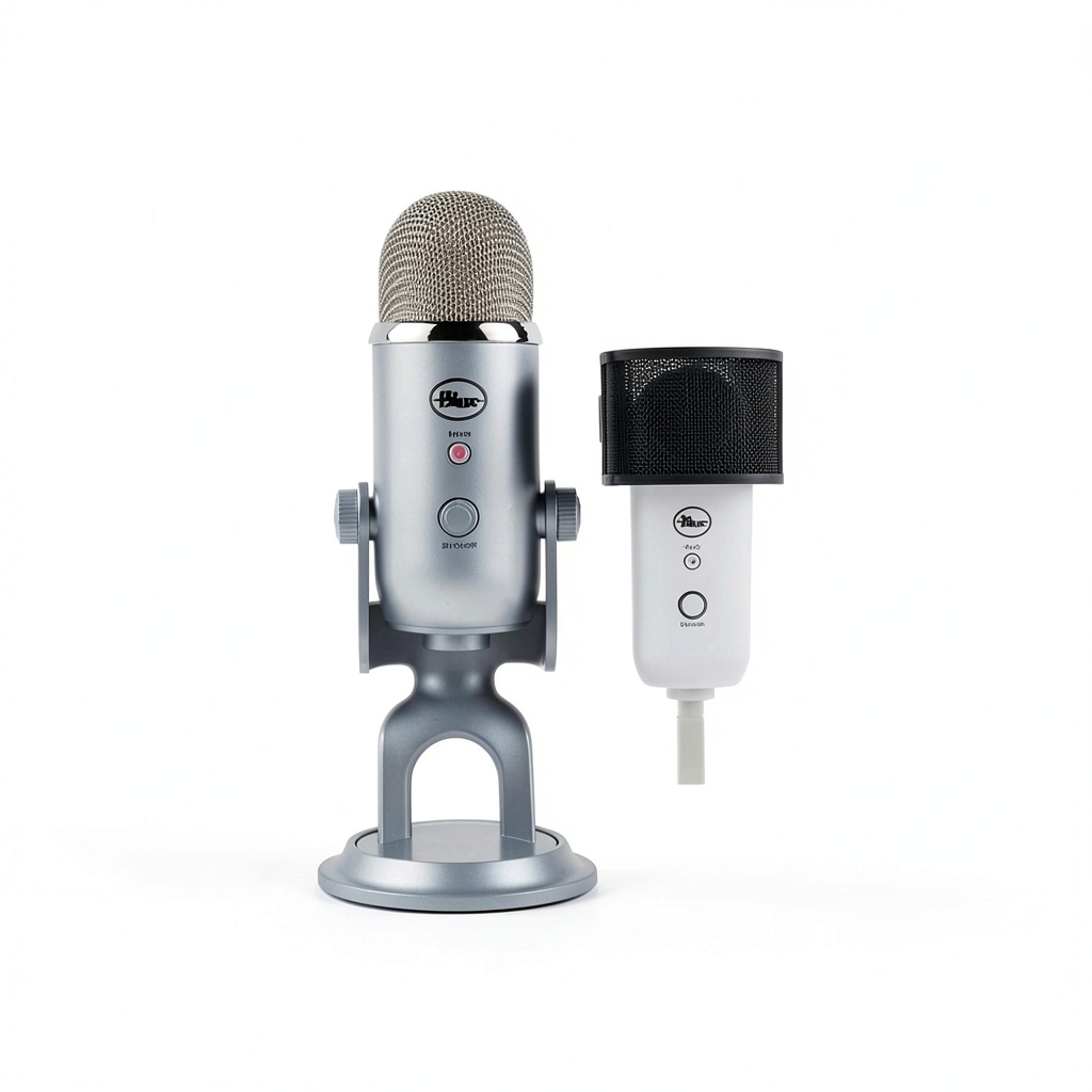 Blue Yeti USB microphone with Tri-Capsule array on a studio desk